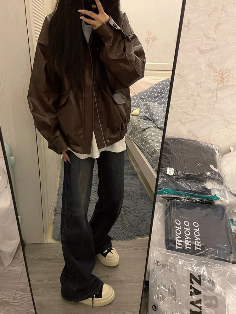 Kurtka damska Cé Brown ze skóry PU, casualowa, w stylu vintage, motocyklowa, modna odzież wierzchnia na jesień i zimę, duży rozmiar.