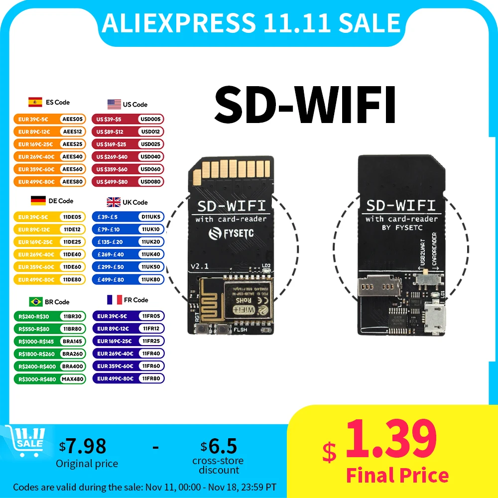 FYSETC SD-WIFI with Card-Reader Module run ESP web Dev Onboard USB to serial chip Wireless Transmission Module For S6 F6 Turbo