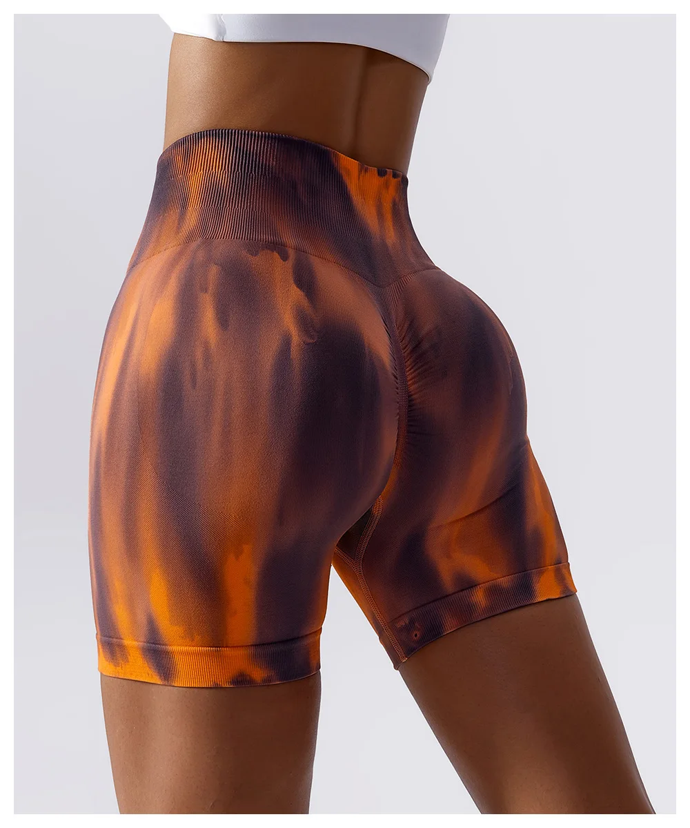 2023 Summer Women Tie-Dye Yoga Shorts Seamless High Waist Peach Hip Fitness Shorts Cycling Gym Push Up Tight Sports Shorts