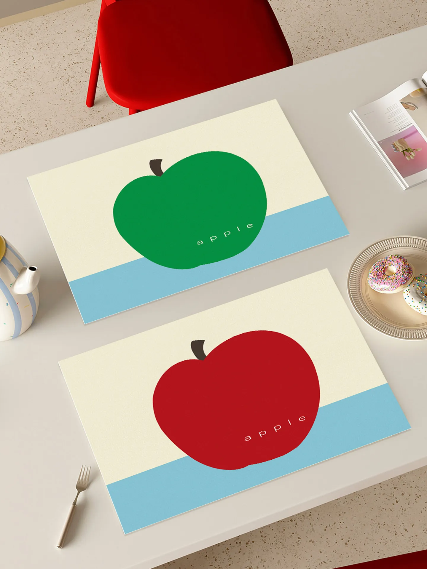 VIKAMA Minimal Apple Fruit Placemat Contrast Color Print Waterproof Non Slip Heat Resistant Dining Desk Table Decor Pad