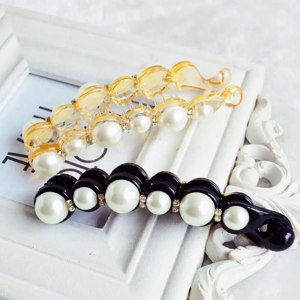 

For Girls Sweet Temperament Hairpins Pearl Crystal Women Banana Clips Korean Hair Clips Ponytail Holder Vertical Clamp