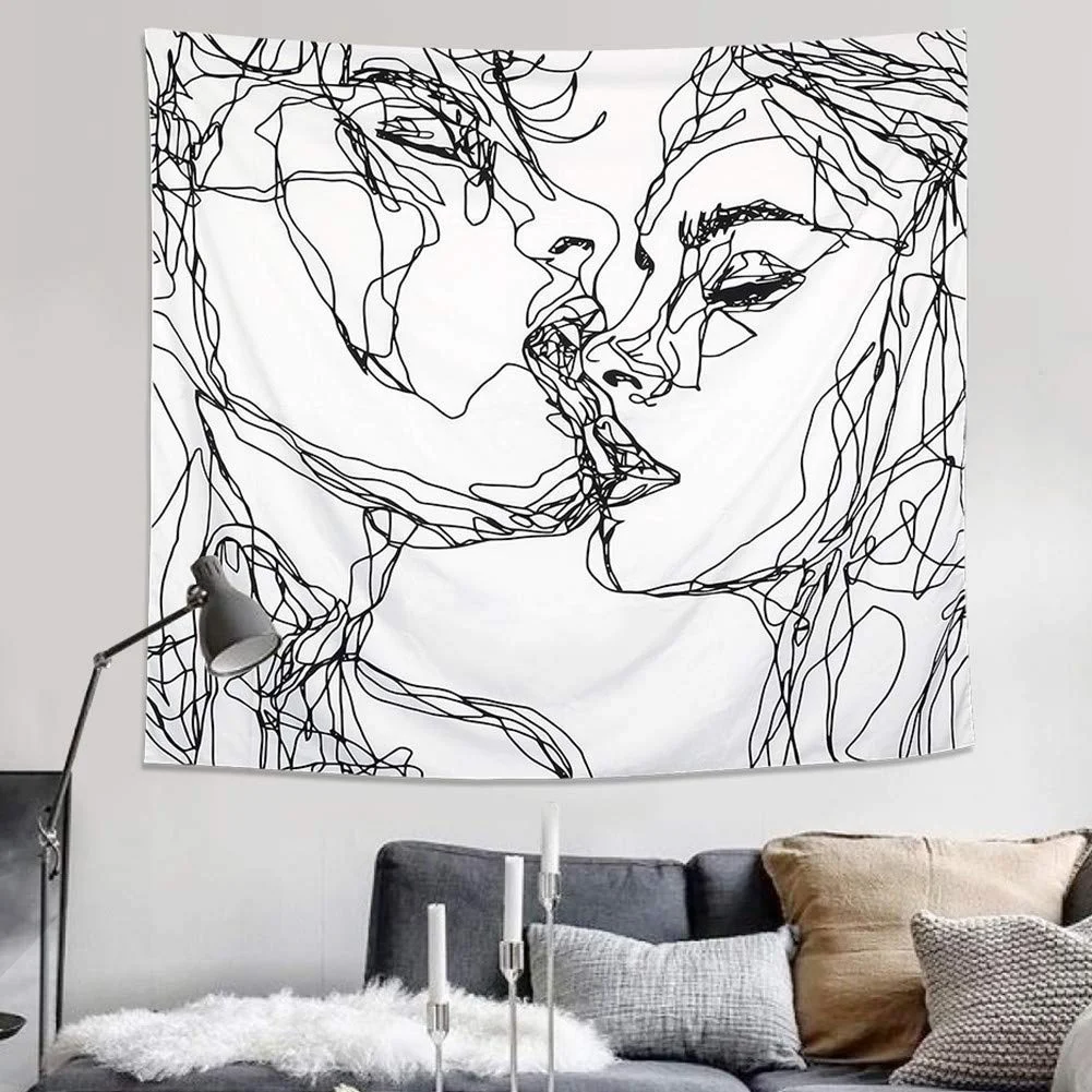 VIKAMA Wandteppich mit abstrakter Linienkunst, Paar-Kuss-Motiv, minimalistischer Ins-Stil, Wandbehang für Schlafzimmer, Wohnzimmer und Sofa-Dekoration