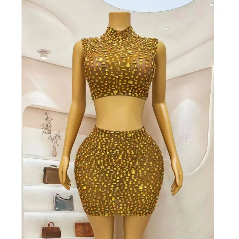 Women Gold Rhinestone Mesh Crop Top Mini Skirt Set Sexy Nightclub Stage Outfit 2 Piece for Club Singer Party Concert Performance