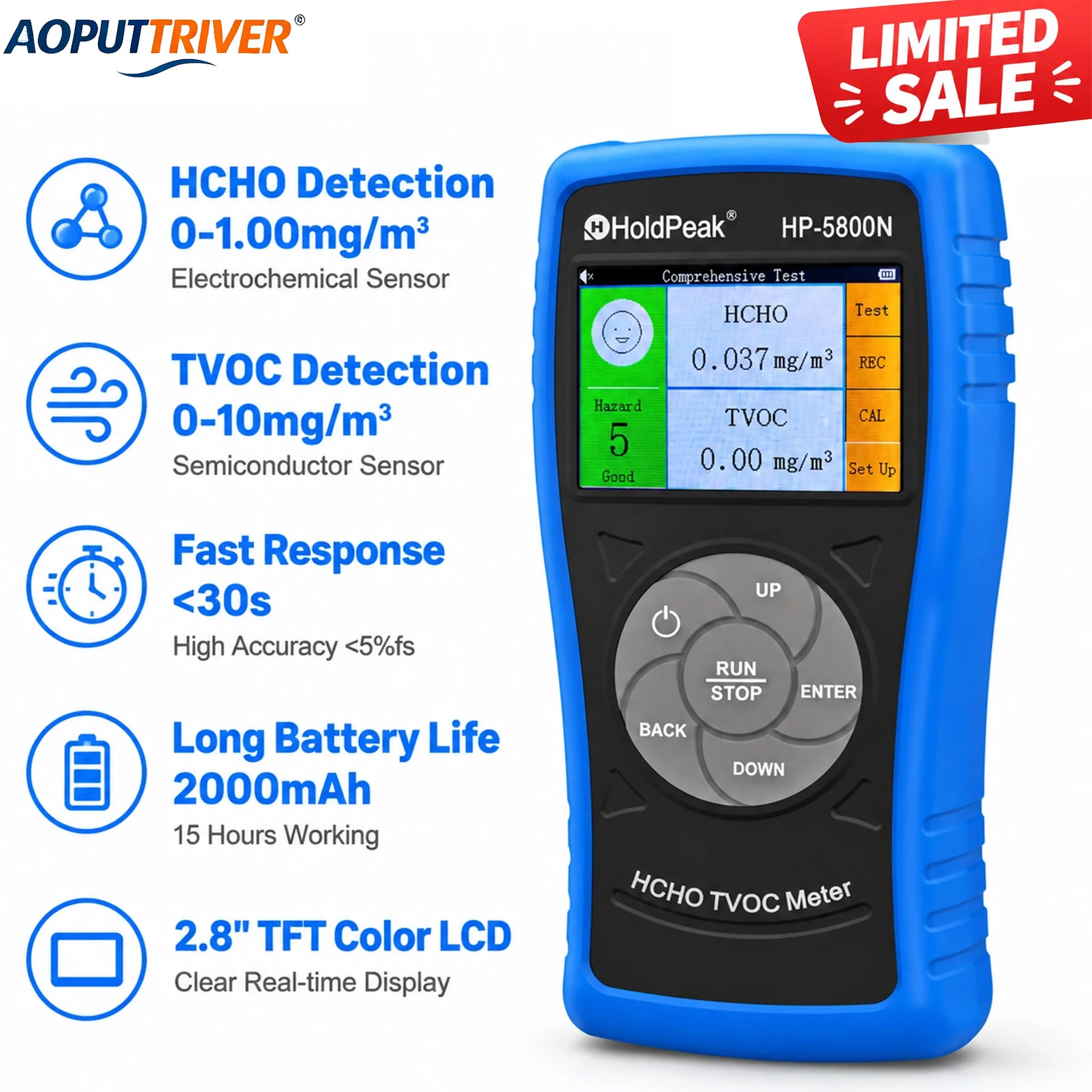5800N HCHO TVOC Air Quality Monitor Formaldehyde Detector TFT Color LCD Rechargeable Indoor Air Quality Tester Meter US