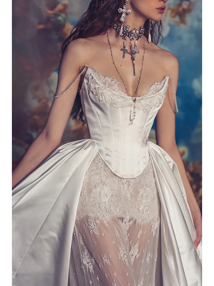 

New lace tulle welcome strapless banquet dress