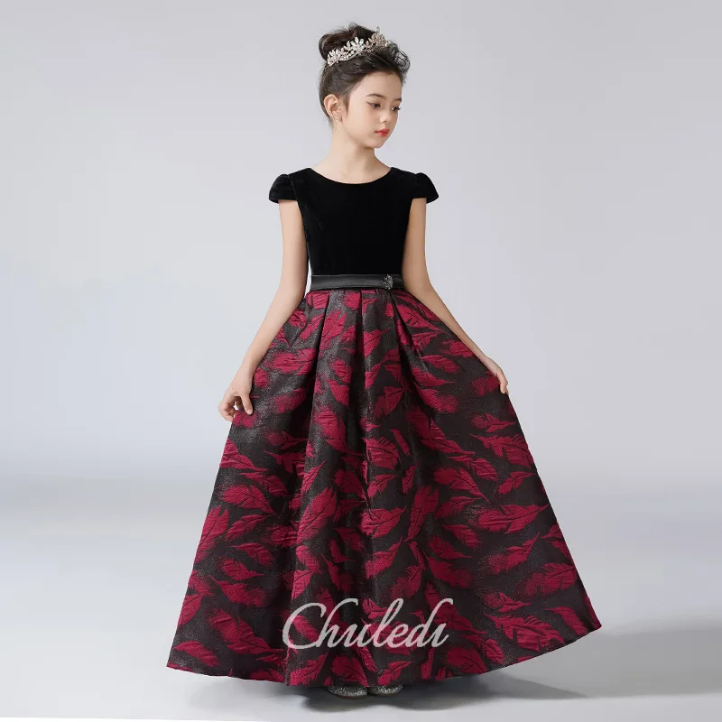 Girls Dresses Velvet Round Neck Small Half Sleeve Flared Long Heavy Jacquard Satin Birthday Princess Dresses