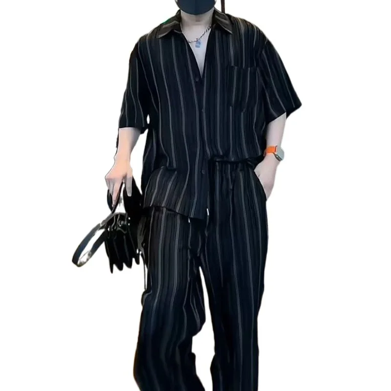 Unisex Striped Shirt Set Men Summer Loose Non Ironing Shirt+casual Pants Two-piece Set Sweatpants Blouse Tracksuit Men