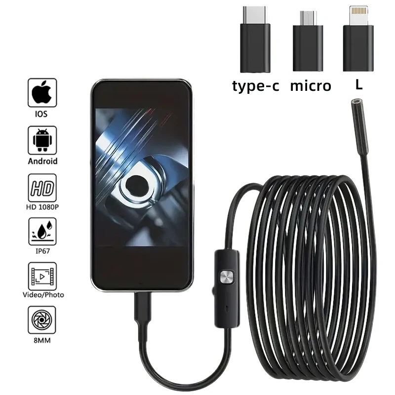 Imagem -02 - Câmera de Inspeção do Endoscópio tipo c Mini Ip67 Hd1080p Pipeline de Esgoto do Carro Borescope para Android Ios Iphone