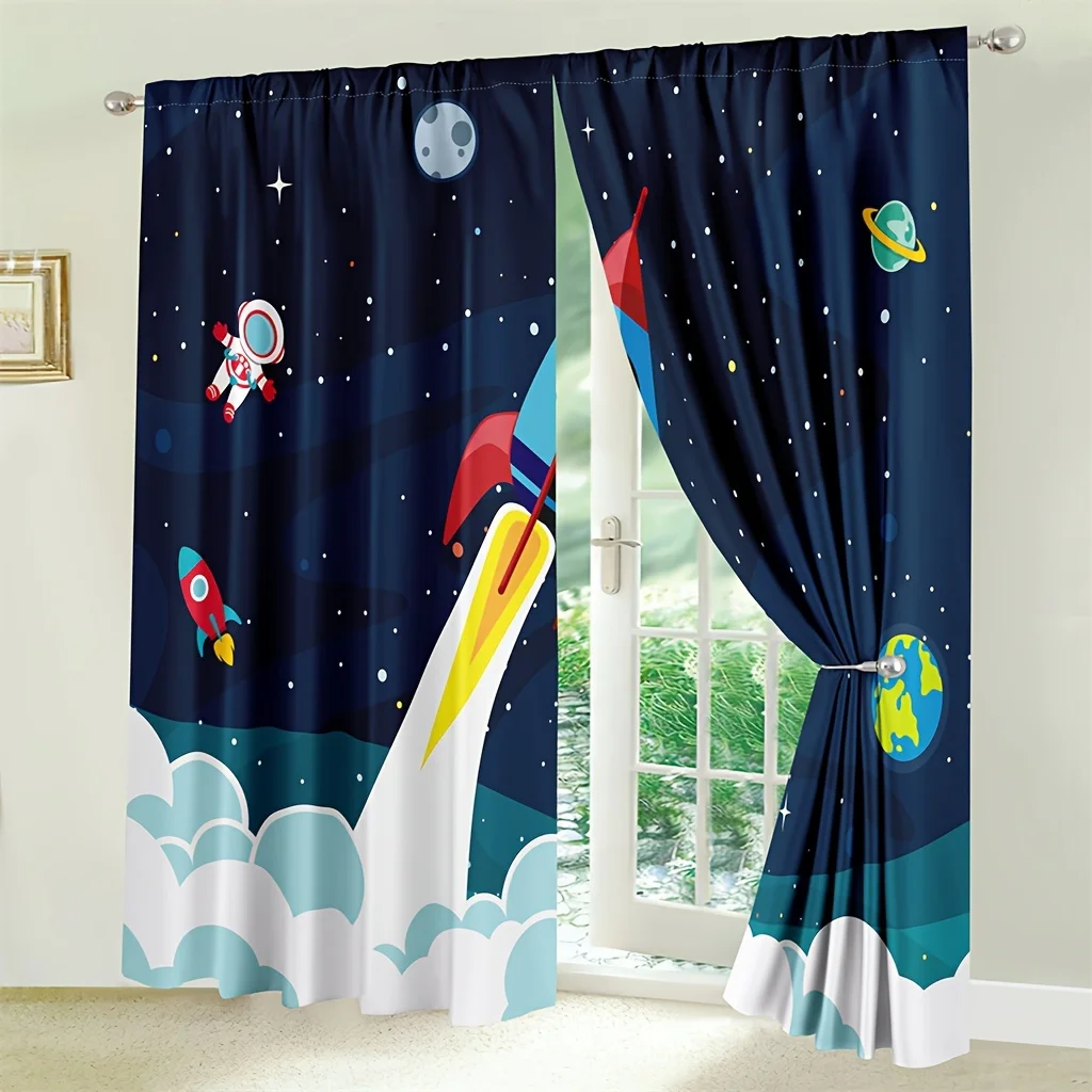 2PCS Cartoon Rocket Curtains Boys Girls Galaxy Rocket  Astronaut Rod Pocket Window Treatments Blue Curtain.