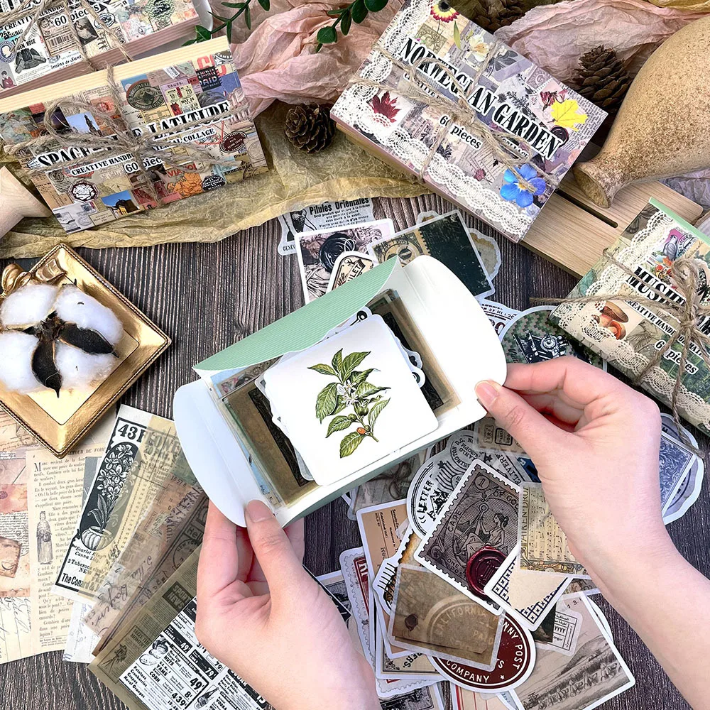 60 Pcs Retro Vintage Stickers Pack Journal Scrapbook DIY Planner Decoration Supplies Aesthetic Collage Sticker Set Creative Gift