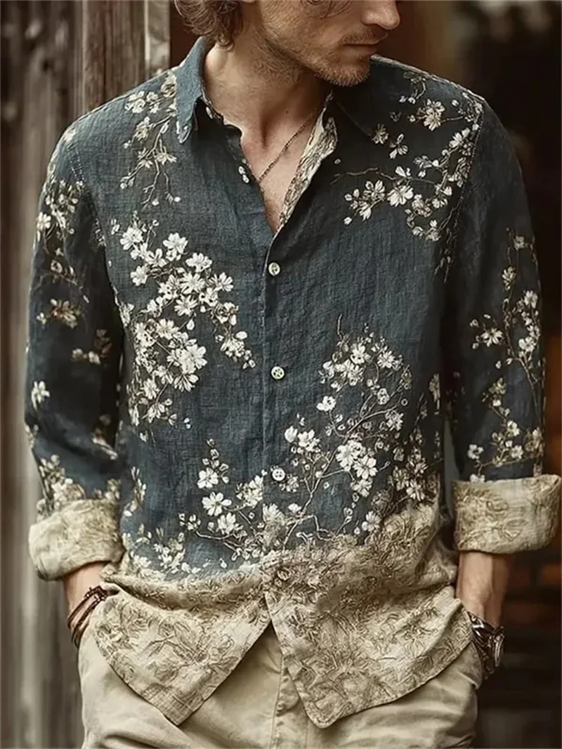 Men's casual long-sleeved lapel shirt, ginger yellow distressed texture, black vine rolled leaf plant print