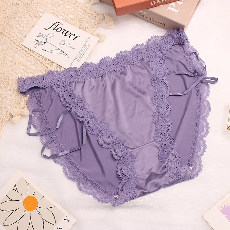 Women Sexy Hollow Out Lingerie Satin Panties Mid Waist Transparent Lace Plus Size G-String Female Intimate Seamless Underwear