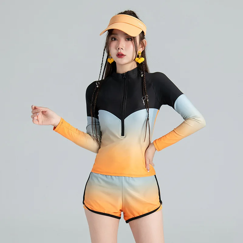 Women Two Pieces Long Sleeve WaterProof Beach Surfing Push Up Swim Shirt Trunks Female Front Zipper Quick-Dry Bathing Rash Guard