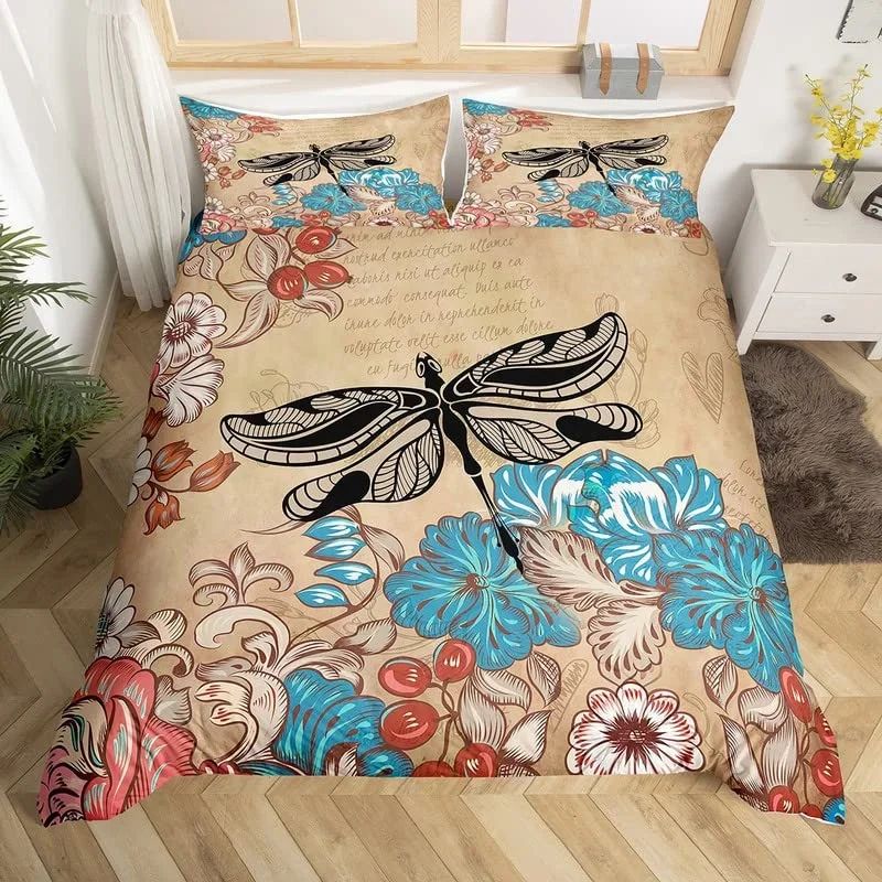 Dragonfly Duvet Cover Single Twin King For Girl Boys Gift Botanical Floral Bedding Set Microfiber Wild Animals Quilt Cover Set