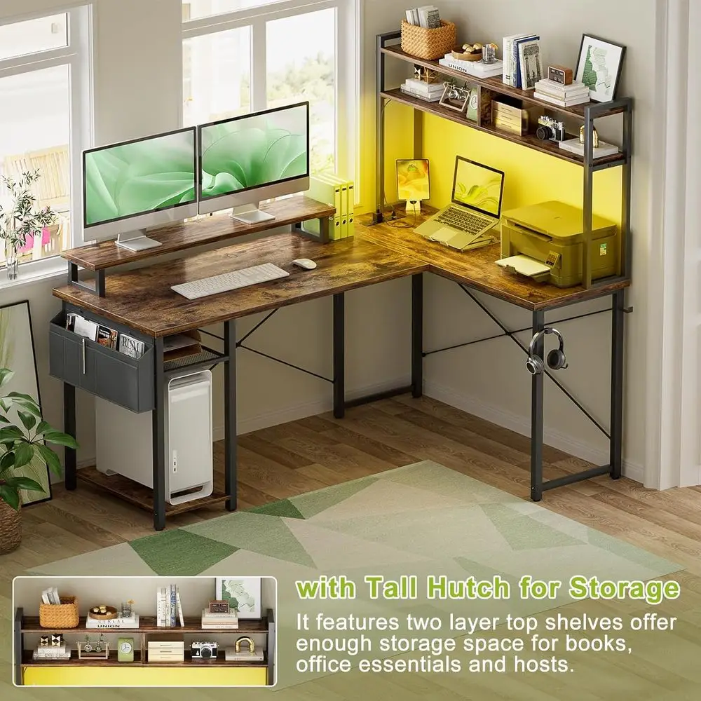 48 Rustic Brown L-Shaped Gaming Desk with LED, Monitor Stand, and Storage