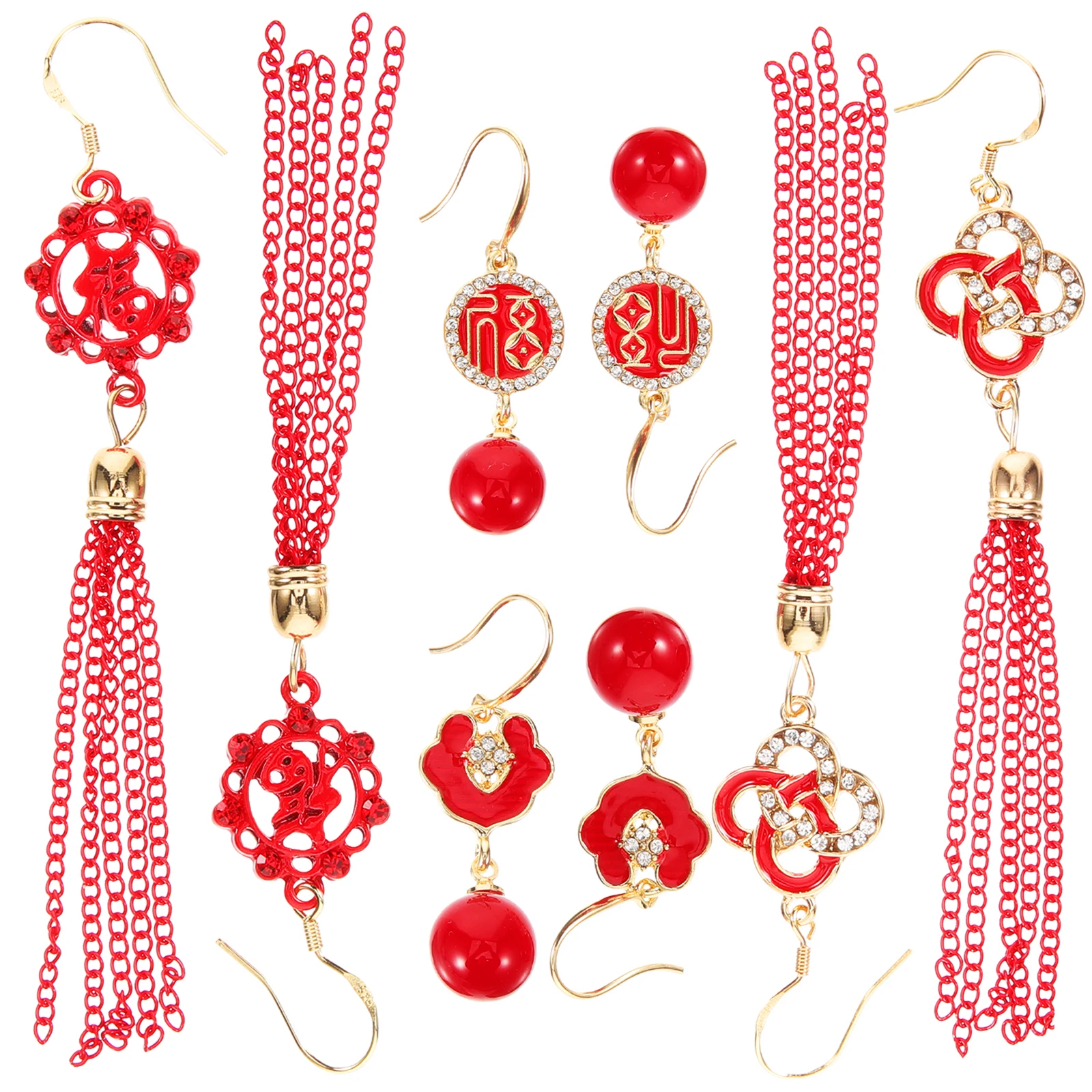 

4 Pairs New Year Earrings Chinese Style Red Pearl Tassel Dangle Women Jewelry Gift Valentine Christmas Party Accessories