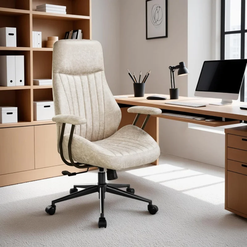 

Home Office Ergonomic Chair, Mid-Century Modern Luxury Faux Suede Leather Chairs, Comfy High Back Computer Swivel Rolling Task