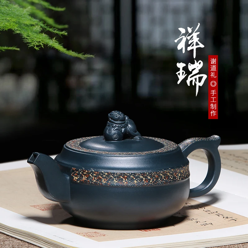 |clay pot Yixing famous family pure handmade green auspicious large capacity tea pot tea set of the Republic of China