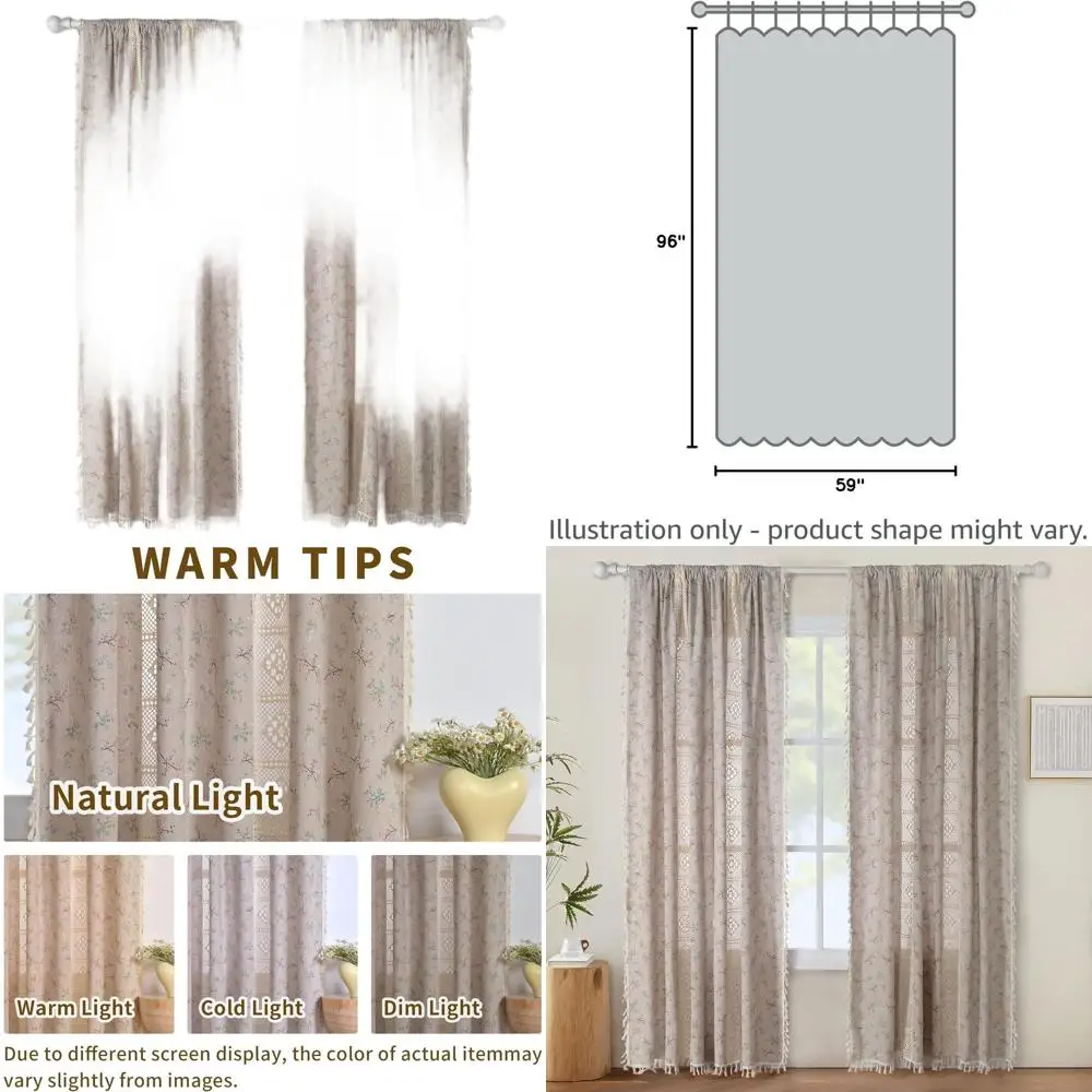 

Бежевые лоскутные вязаные крючком шторы с кисточками, 59x96, стиль фермерского дома в стиле бохо для домашнего декора