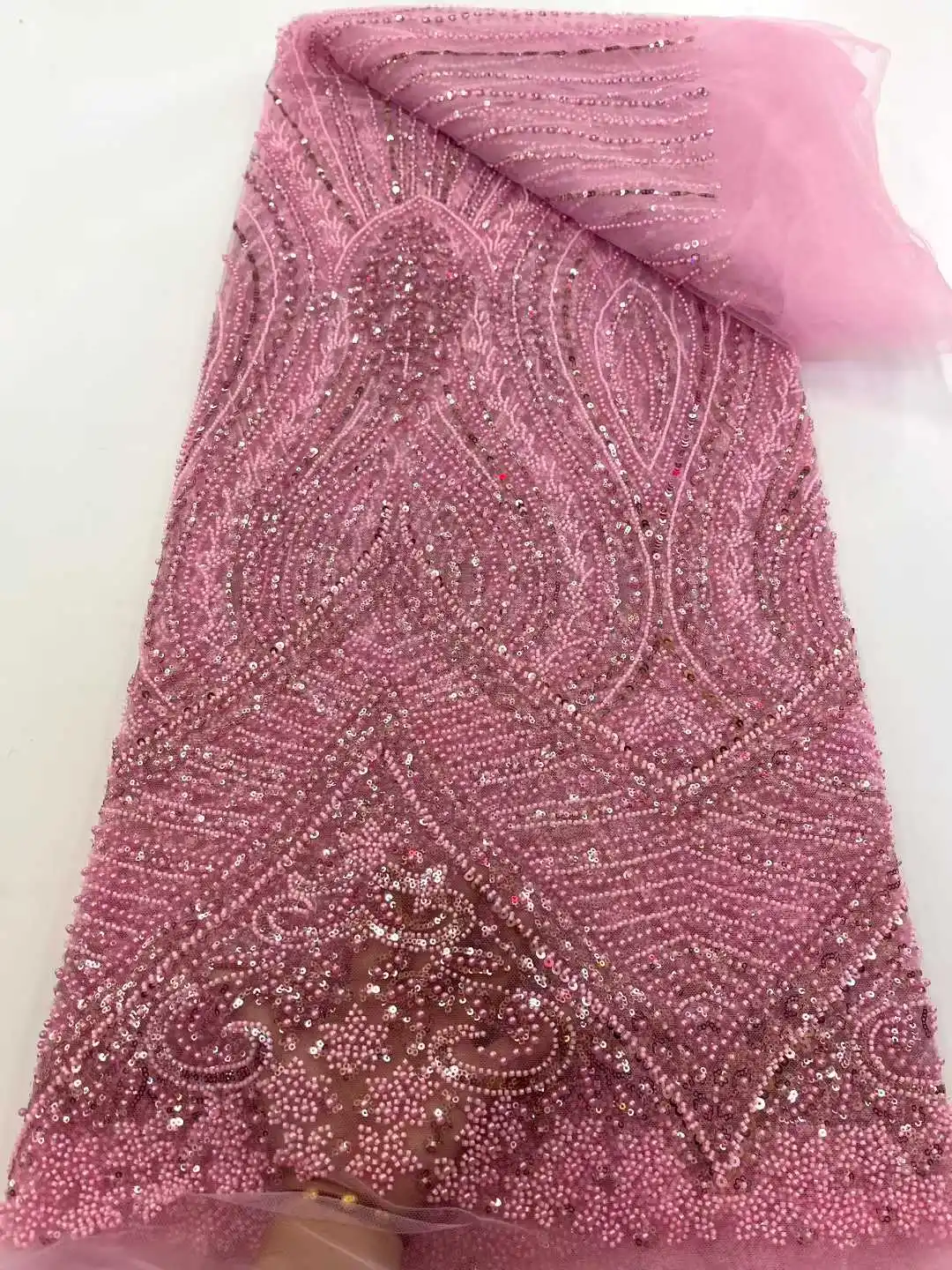

Pink African Tulle Lace Fabric 2025 French Net Sequins Fabric Sewing Embroidery With Beads Lace Tulle Mesh Nigeria Dress 5 Yards