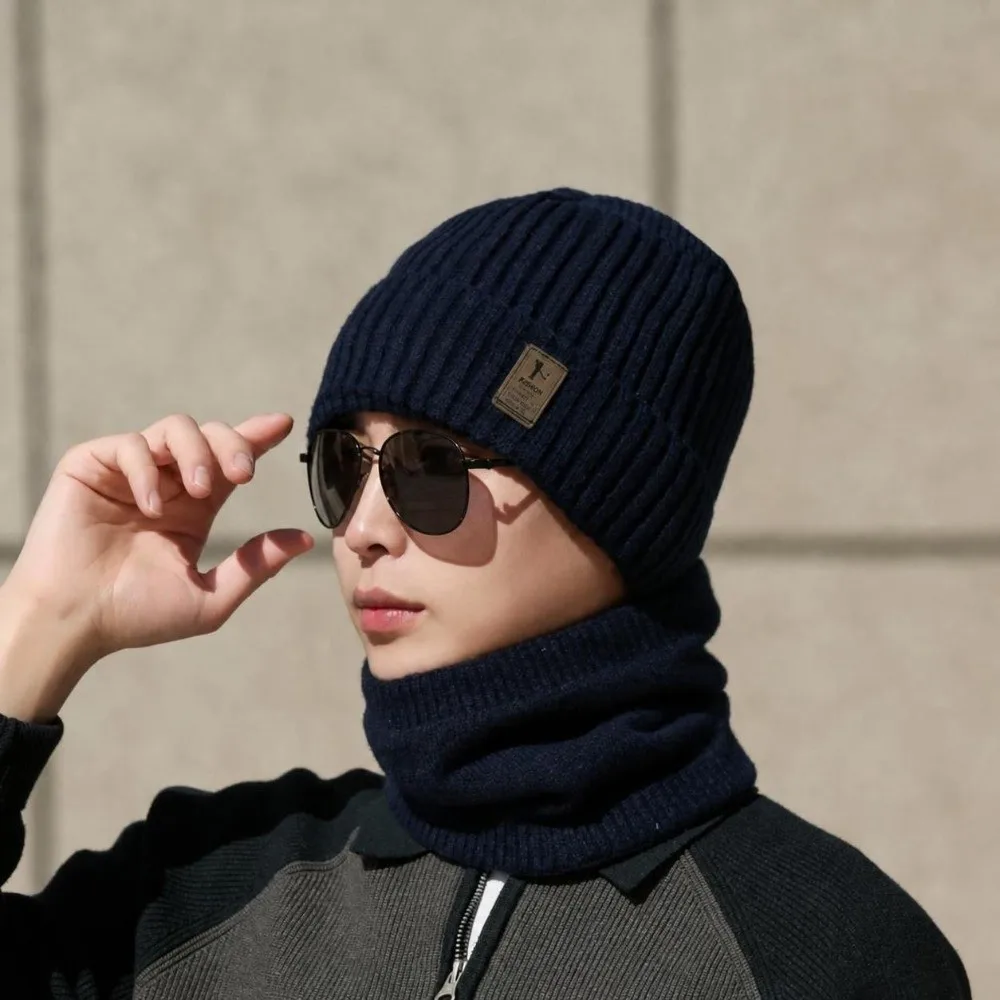 Solid Color Winter Beanie Hat Scarf Soft Thick Velvet Lining Knitted Cap Scarf Set Windproof Warm Cotton Warm Hat Winter Outdoor