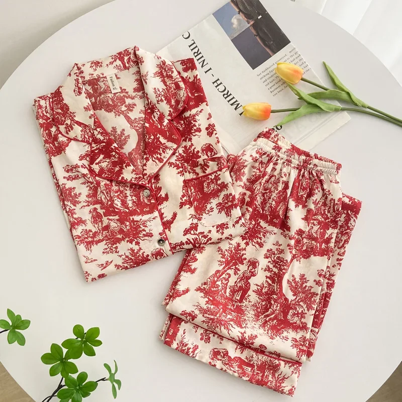 طقم بيجامات حمراء قميص وسراويل مثير للسيدات صيف ربيع جديد ملابس منزلية ناعمة رايون ملابس نوم 2 قطعة بيجامات مطبوعة ملابس نوم