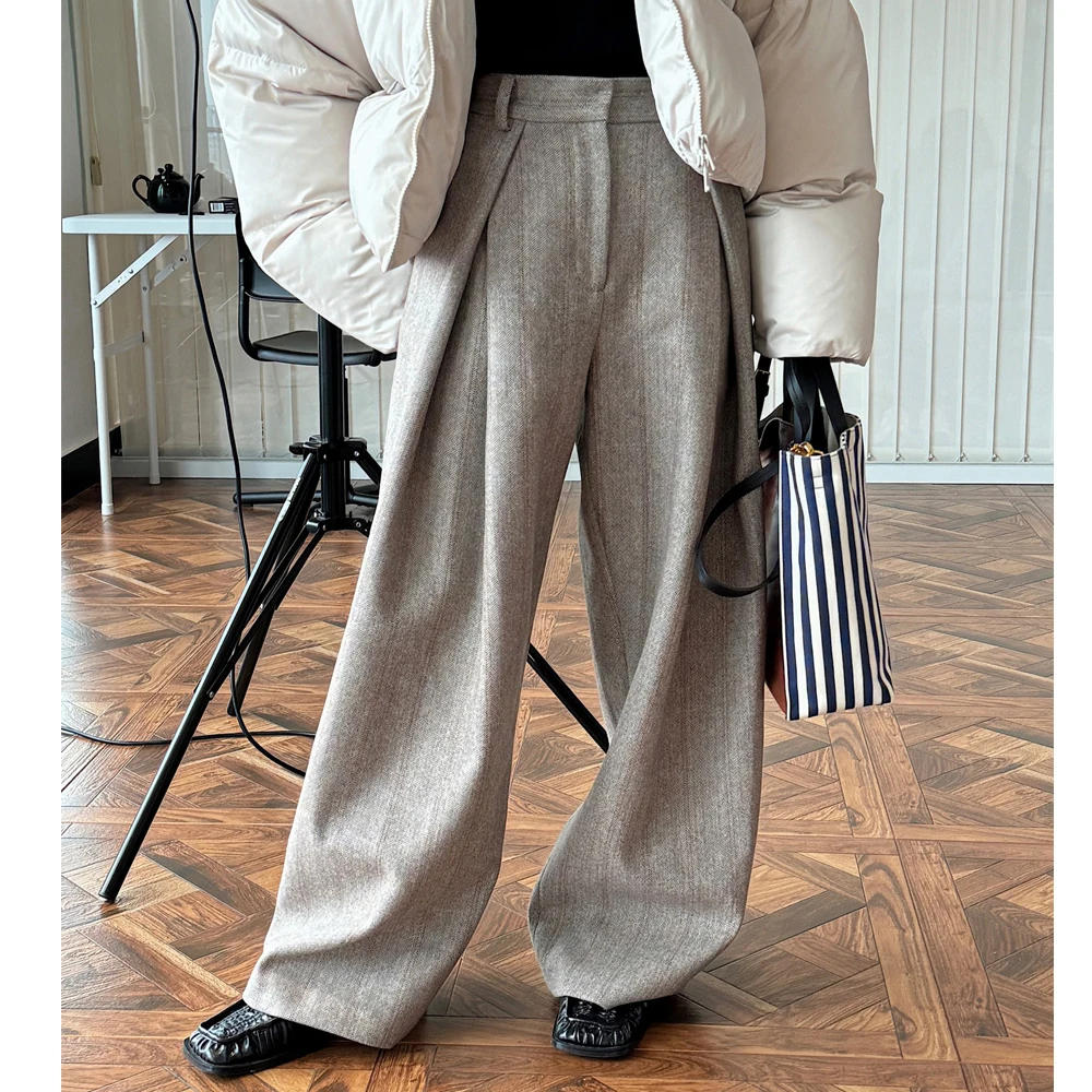

80% Wool Women Spring Fashion Big Wide Leg Pants High Waist Striped Stright Pants Fashion Clothes Pants Female Trousers