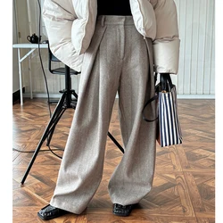 80% Wool Women Spring Fashion Big Wide Leg Pants High Waist Striped Stright Pants Fashion Clothes Pants Female Trousers