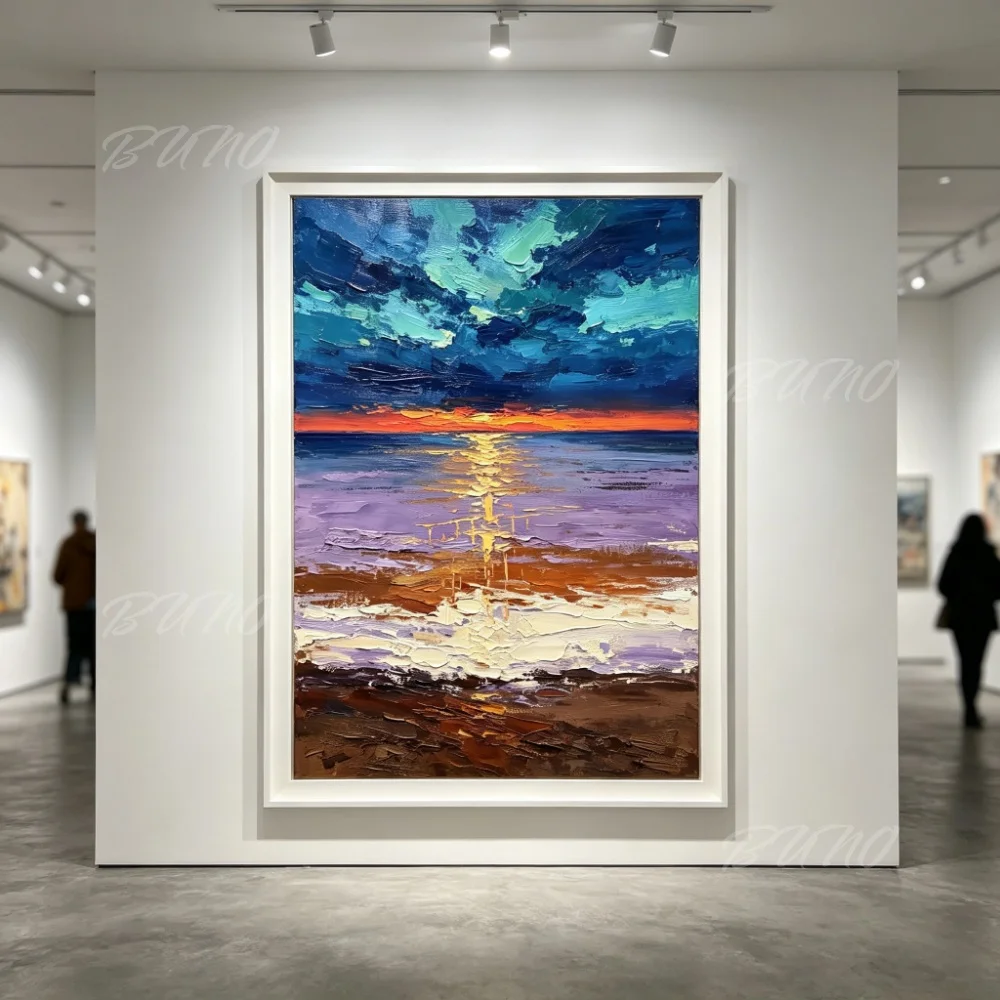 100% Hand Painted Original Abstract Oil Painting Palette Knife Sunset Beach Canvas Wall Art For Home Living Room Bedroom Decor