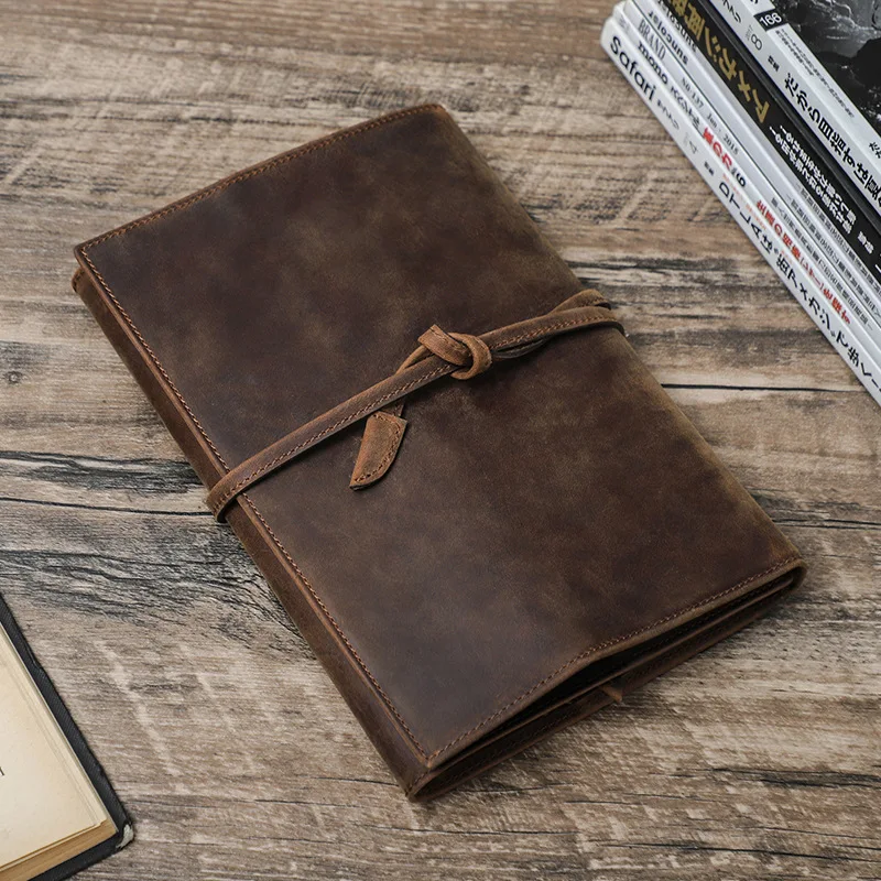 A5 Paper Laptop Notebook Cover Genuine Leather Strap Handmade with Multiple Card Positions Stationery School Office Supplies