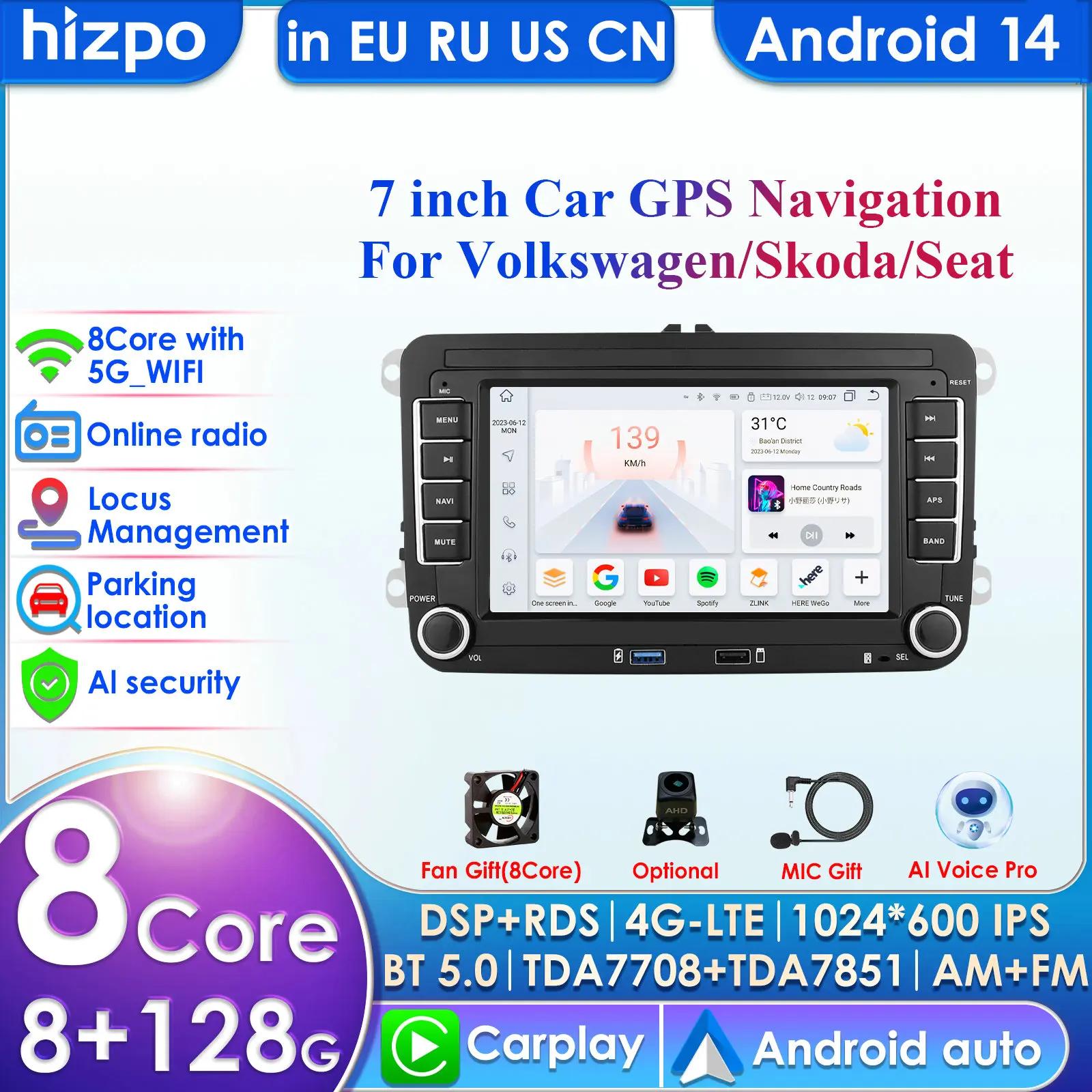 Carplay 4G+WIFI 2 Din Android Car Multimedia Player for VW Volkswagen Skoda Octavia Golf 5 6 Touran Passat B6 Polo Jetta MK5 MK6