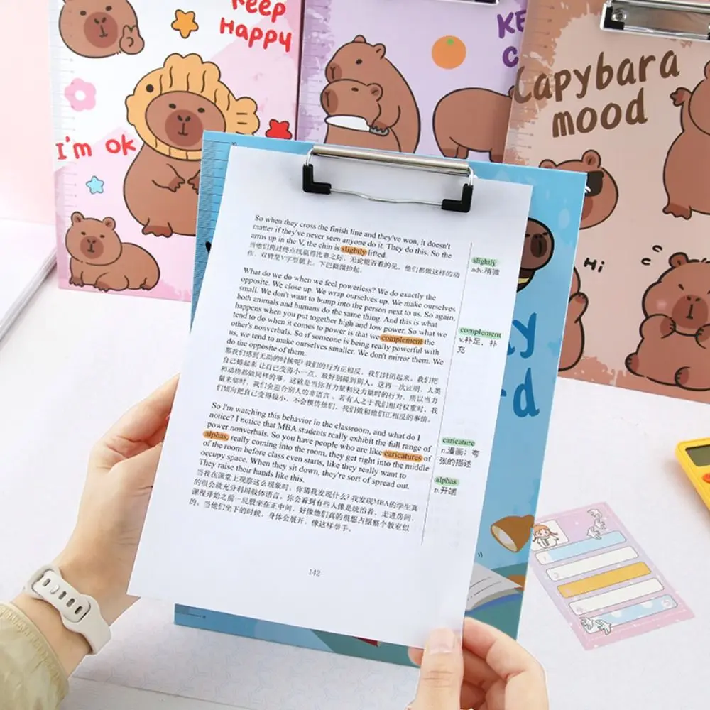 Paper Organizer Capybara Writing Pad Document Folder With Low Profile Gold Clip A4 File Folder Board Clamp Kawaii Cartoon