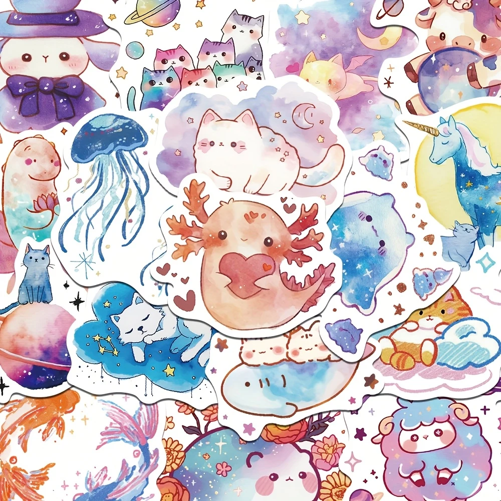 53pcs Starry Sky Watercolor Creature Stickers Cartoon Graffiti Decal DIY Notebook Photo Albums Laptop Luggage Scrapbook Stickers