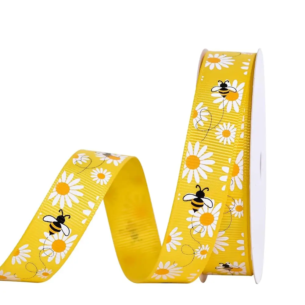 

Лента из грогрейна с принтом пчел и маргариток, желтая, для учителей, рукоделия, упаковки подарков, бантов для волос, декора для вечеринок