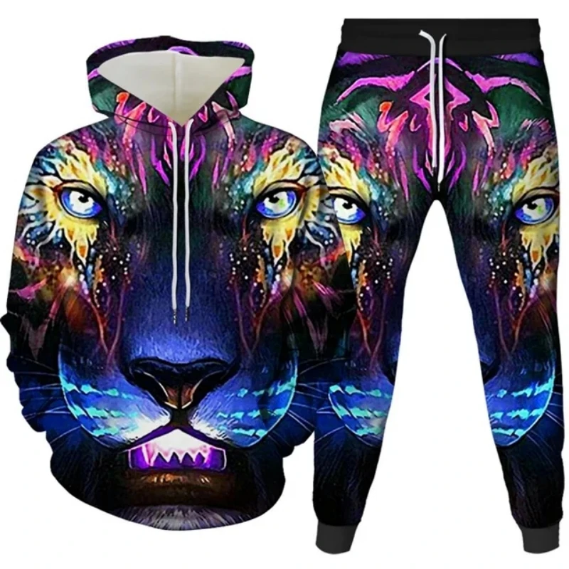 New Men\'s Sweater Sets Vintage Golf Hoodie Pants Men 3D Printed Tiger Animal Pattern Y2k Oversized Ventilate Fashion Tracksuit