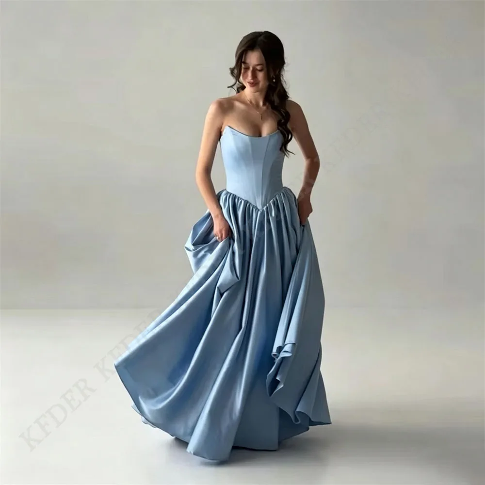 Formal Satin Sky Blue A-Line Evening Dress Prom Premium Designer Beautiful Stylish Dresses Gowns Classic 2026 Customized