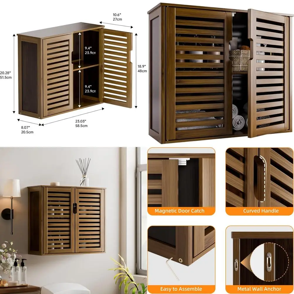 

Wall-Mounted Bamboo Medicine Cabinet with Door and Over Toilet Storage Organizer, Walnut