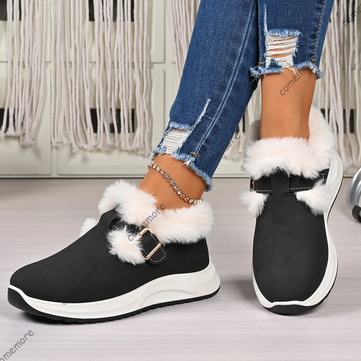 

Comemore Winter Warm Platform Sneakers for Women Lightweight Slip on Sports Shoes Fashion Casual Fur Cotton Vulcanize Shoes