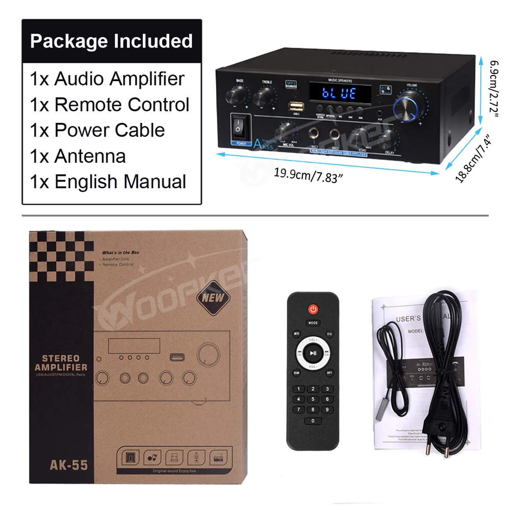 Woopker AK55 900W Home Power Amplifier 2.0 Channel Bluetooth 5.0 Hifi Digital Stereo Sound Amplifier 2.0 450W+450W Subwoofer