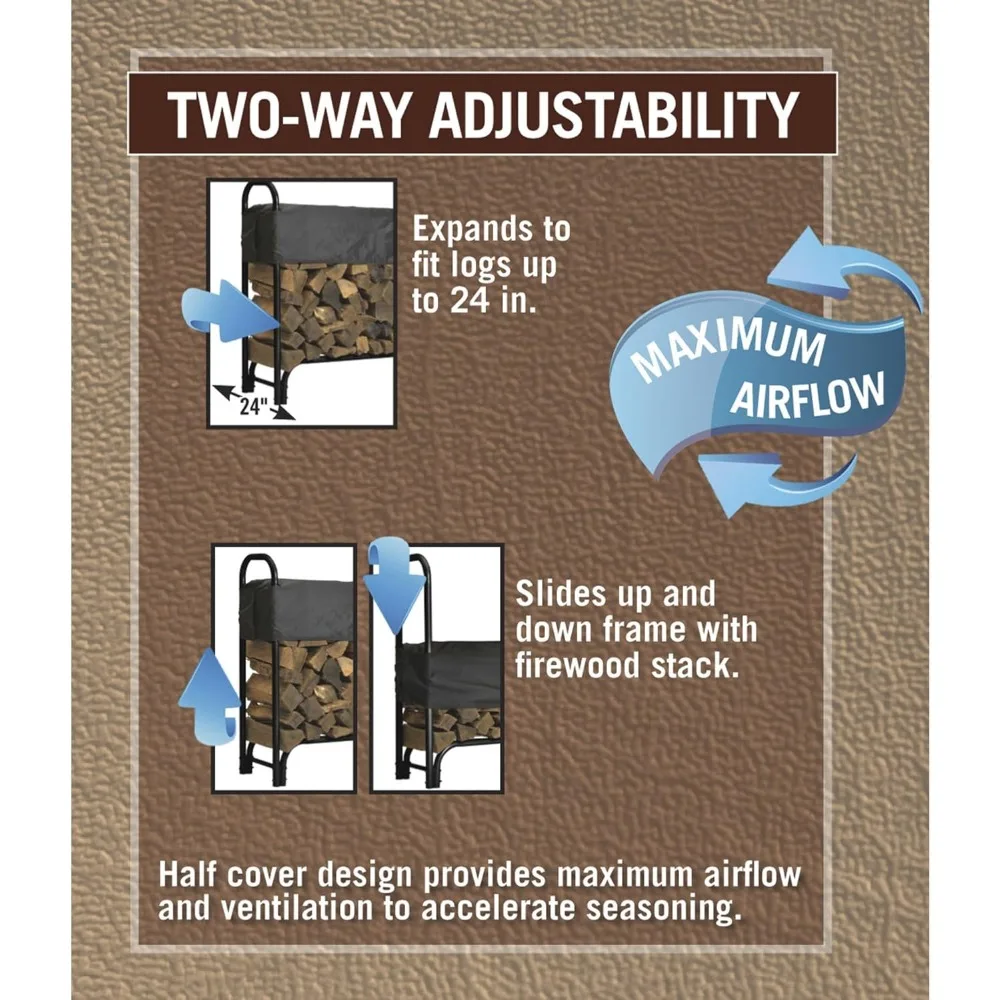 4' Adjustable Heavy Duty Outdoor Firewood Rack with Steel Frame Construction and Water-Resistant Cover