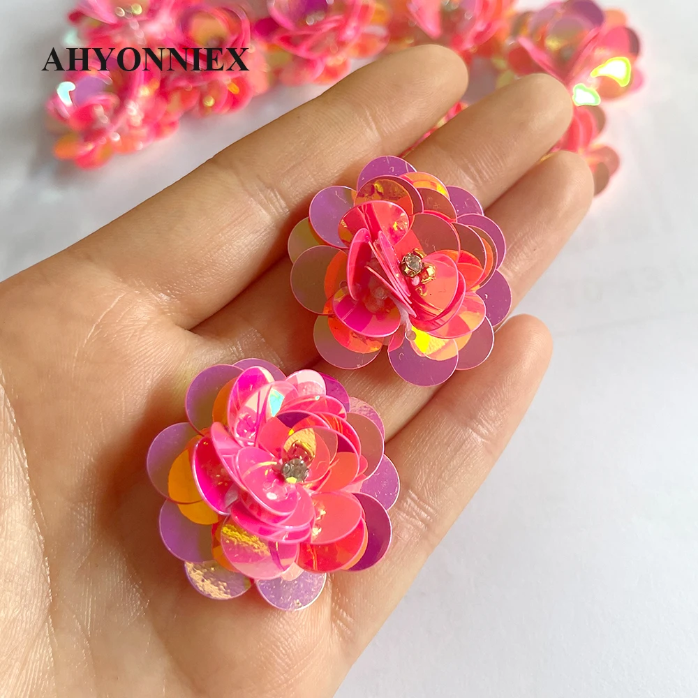 10Pcs/Lot Handmade Beads Sequins Shining Pink Flower Patch Clothing DIY Decorative Patch Earrings Hairband Accessories