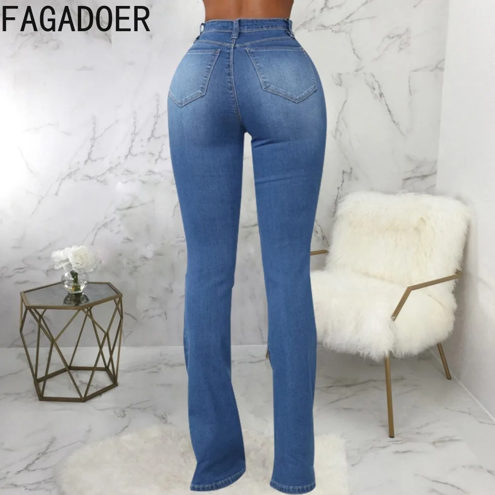 FAGADOER Fashion Jean Elasticity Skinny Flare Pants Women High Waisted Button Pocket Slin Denim Trousers Female Cowboy Bottoms