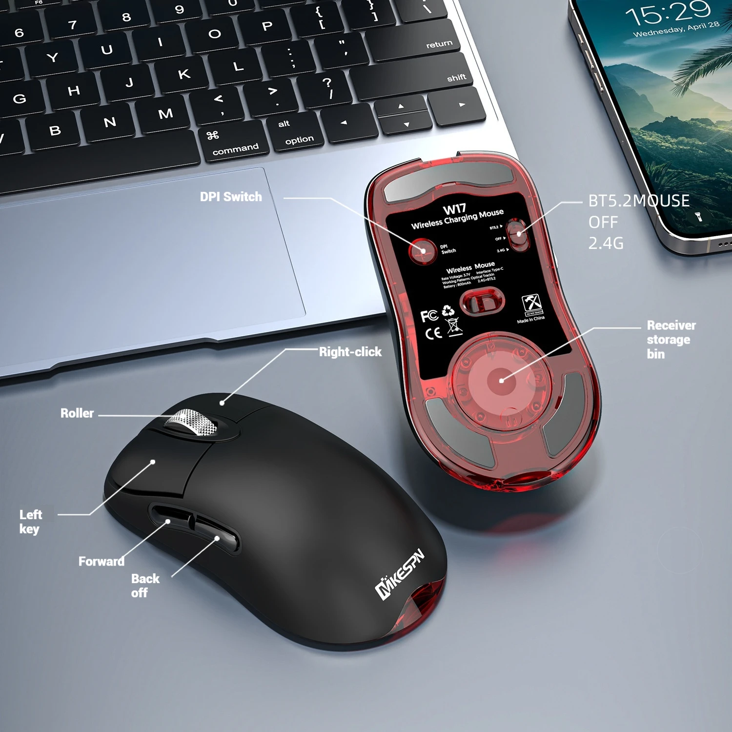 Mkespn W17  Wireless Mouse 24000DPI Wireless/TYPE-C Charging Bluetooth/2.4G Tri-mode Macro RGB Gaming Portable E-Sports Office