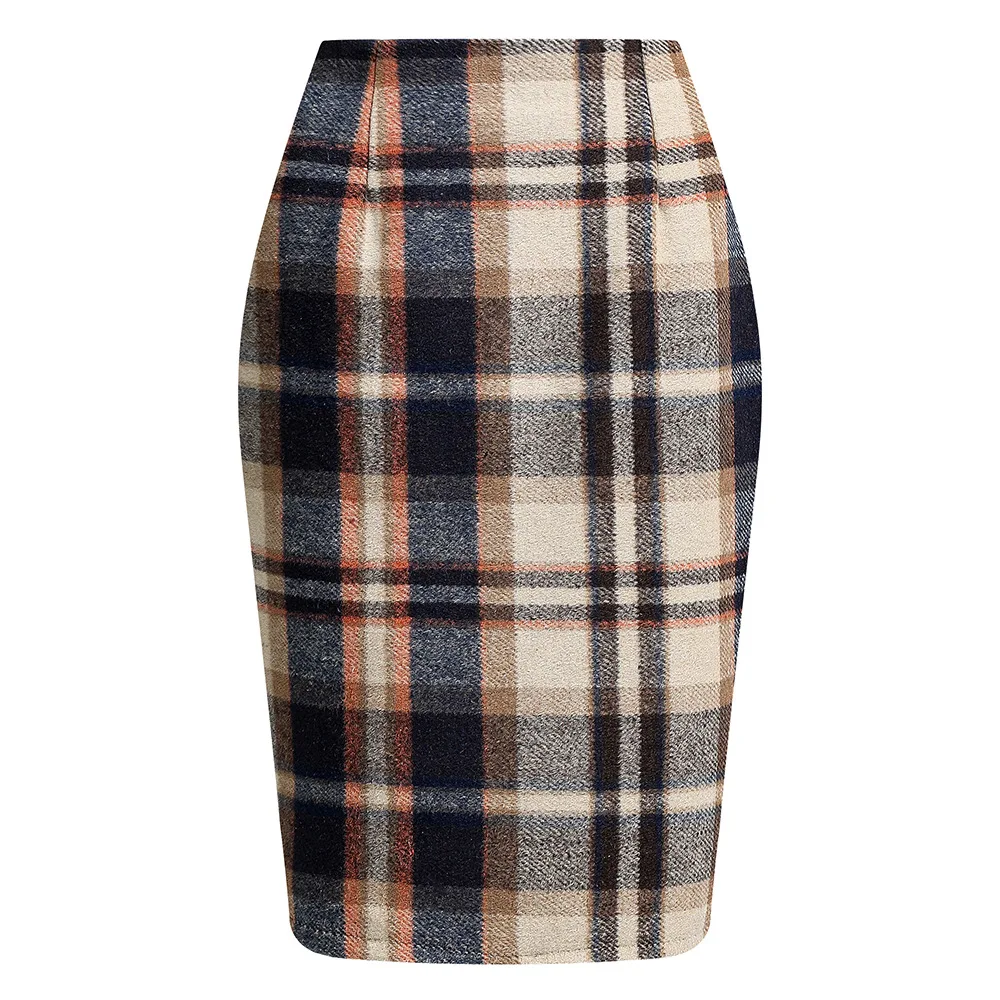 

2025 Autumn and Winter Women's Plaid Hip Skirt Zipper Slim Wool Blend Fashion Office Pencil Skirts Midi Skirt