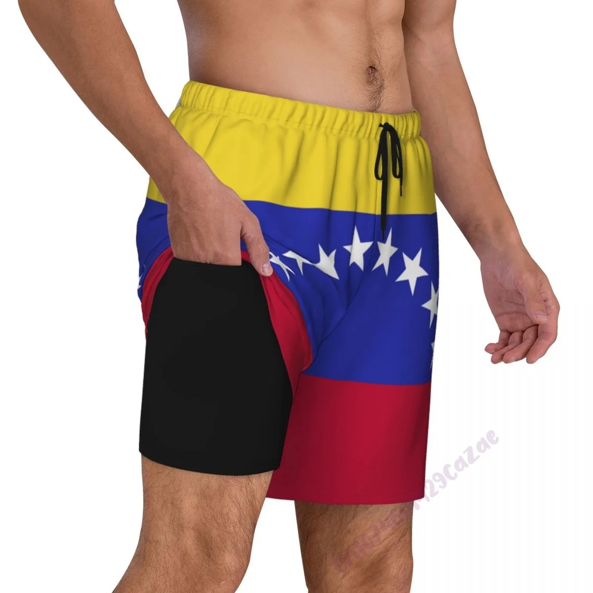 

Venezuela Country Flag 3D Mens Swimming Trunks With Compression Liner 2 in 1 Quick-Dry Swim Shorts With Pockets for Summer Gift