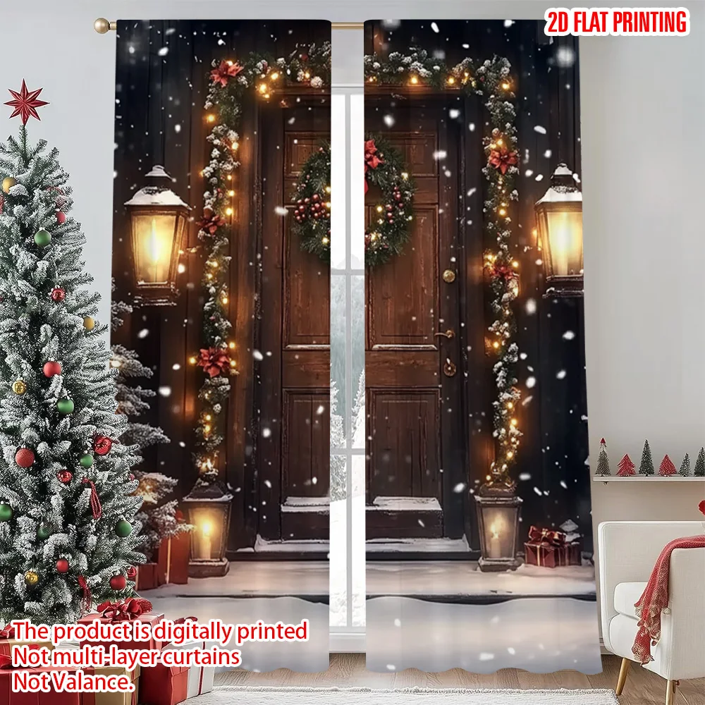 

2pcs 2D flat printing Christmas Curtains Christmas trees_ snowflakes and bells Versatile Polyester Without Electricity Family