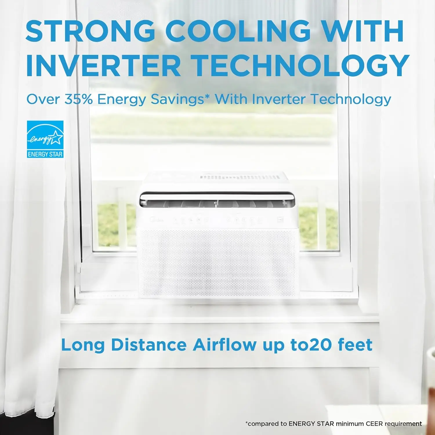 Aire acondicionado de ventana con inversor inteligente en forma de U 10.000 BTU, se enfria hasta 450 Sq. Pies, 35% ahorro de energía, Control remoto