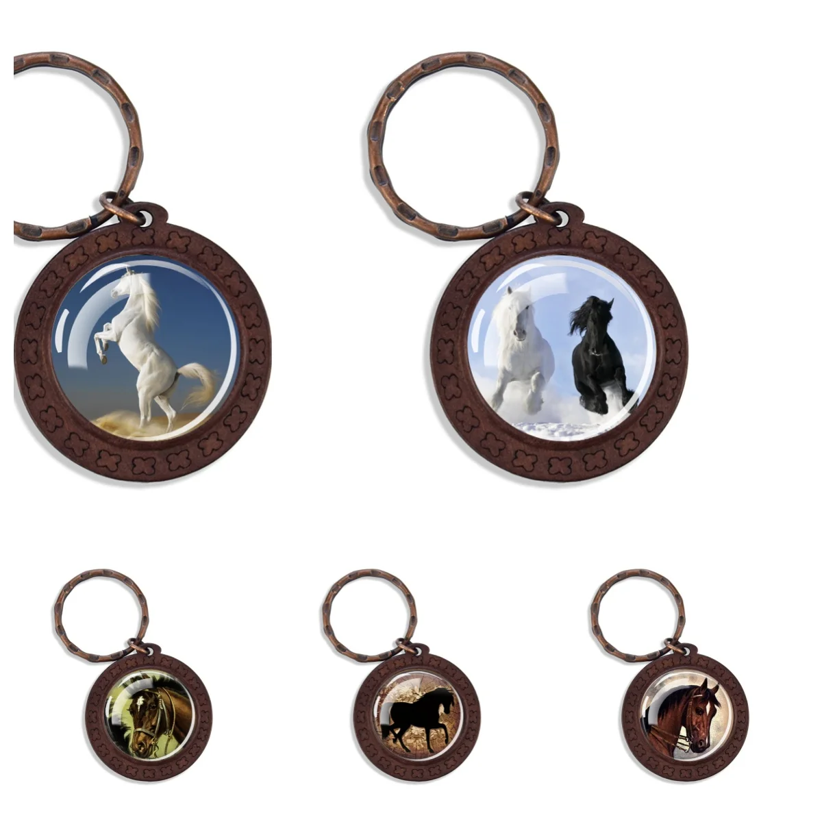 Horse Series Round Top Glass Wooden Keychain Glowing Horse Stuff Exquisite Gift for BraveStruggling Men Crazy Horse Lovers Gifts