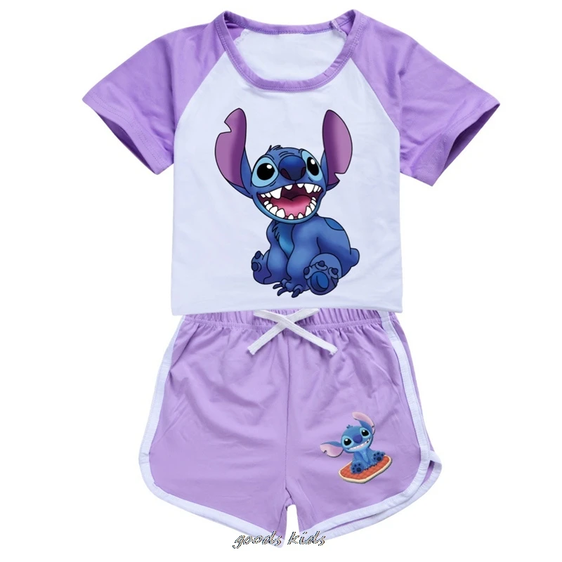 

Kids Clothes Summer Baby Girls Cartoon Disney Stitch Printing T-shirt+Short Pants Suit Boy Casual Sport Tops Set Child Clothes