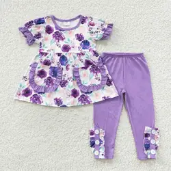 Wholesale Baby Girls Toddler Short Sleeves Pocket Flower Tunic Kids Purple Cotton Pants Infant Floral Outfit Infant Children Set